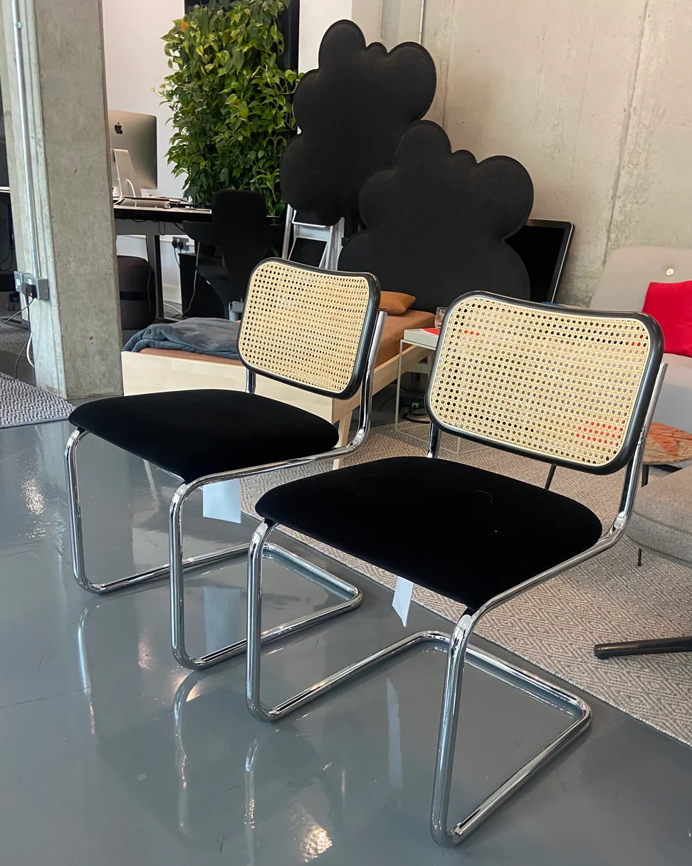 Knoll Cesca Chair set of 2 upholstered, the actual pair with cane backs and black seats