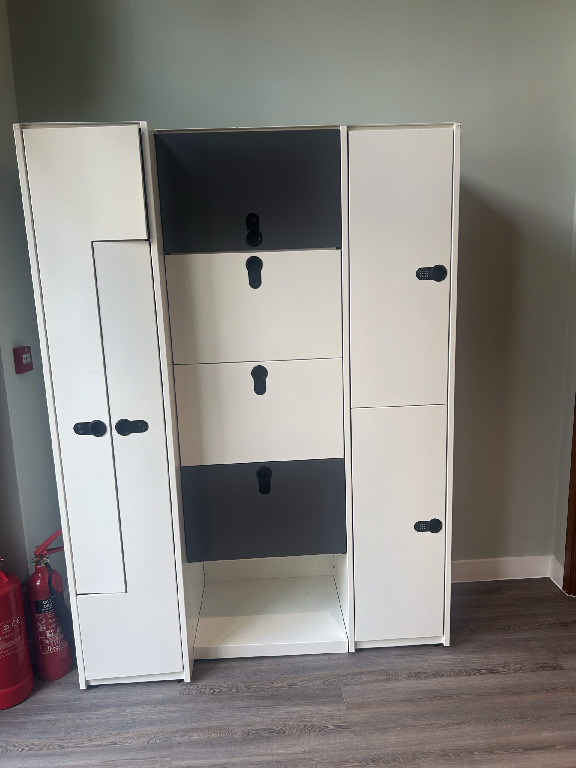 Lista Office LO Guard Locker in white and anthracite, front view of the full three-bay unit